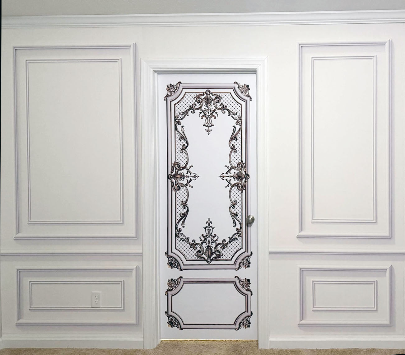 Classic Door Wrap Mural | White with Gold Curves | Single Piece, Self-adhesive