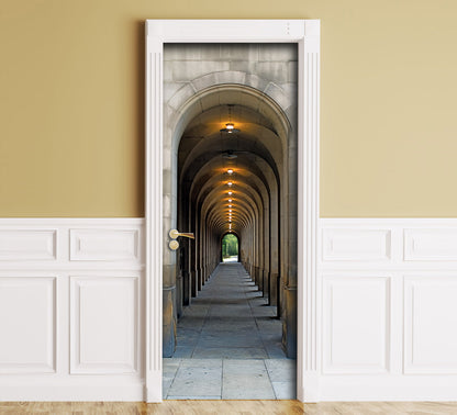 A wall mural depicting a stone arch corridor tunnel, shown installed in a room with beige upper walls, white wainscoting, and a wood floor.