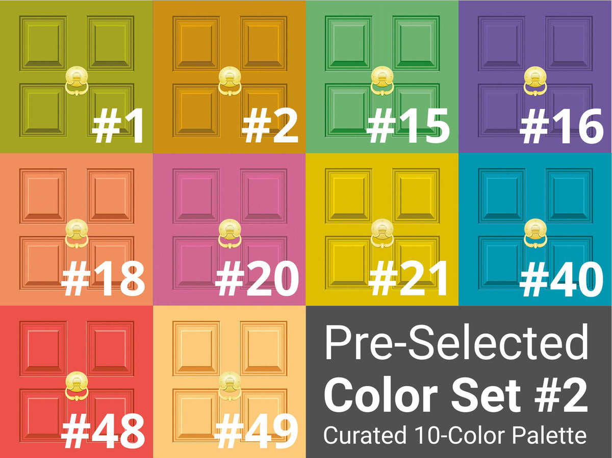 A color palette chart titled 'Pre-Selected Color Set #2 — Curated 10-Color Palette' showing ten small door-shaped color swatches arranged in two rows on a white background, labeled with numbers 3, 13, 20, 21, 22, 23, 26, 33, 37, and 45.