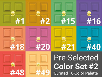 A color palette chart titled 'Pre-Selected Color Set #2 — Curated 10-Color Palette' showing ten small door-shaped color swatches arranged in two rows on a white background, labeled with numbers 3, 13, 20, 21, 22, 23, 26, 33, 37, and 45.