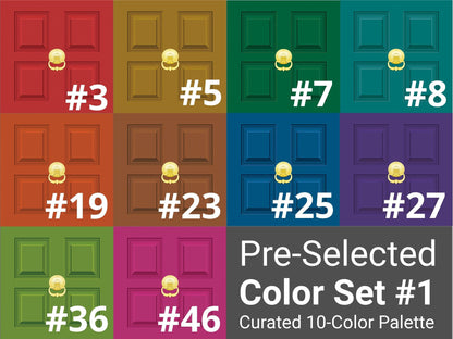 A color selection chart titled 'Pre-Selected Color Set #1 — Curated 10-Color Palette' showing ten vertical door color swatches arranged in two rows, each labeled with a number.