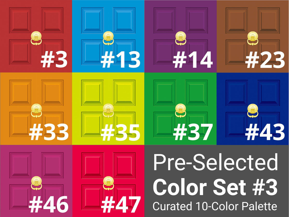 A color palette graphic showing 10 door color swatches arranged in a grid, each labeled with a number (#3 through #47) and text reading 'Pre-Selected Color Set #3 Curated 10-Color Palette.'.