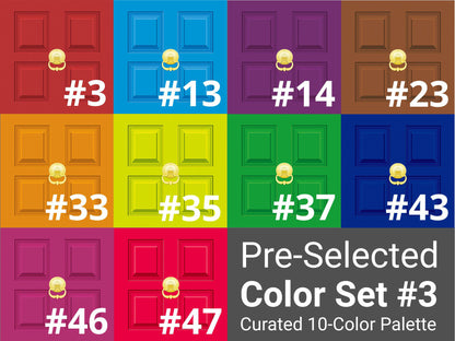 A color palette graphic showing 10 door color swatches arranged in a grid, each labeled with a number (#3 through #47) and text reading 'Pre-Selected Color Set #3 Curated 10-Color Palette.'.