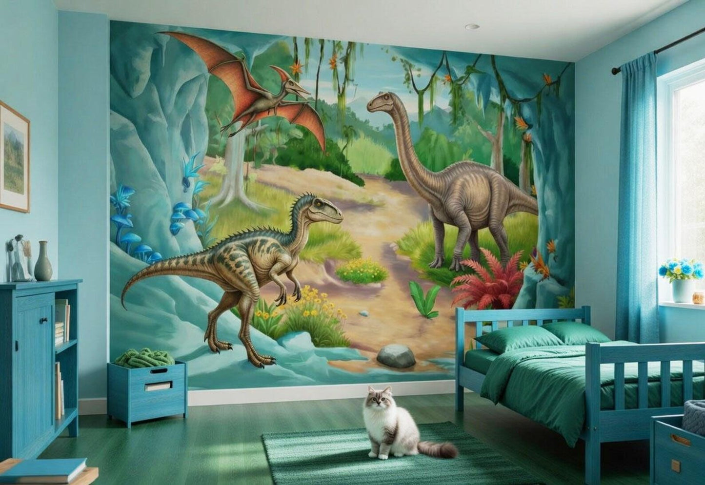 Children's bedroom with dinosaur mural on the wall