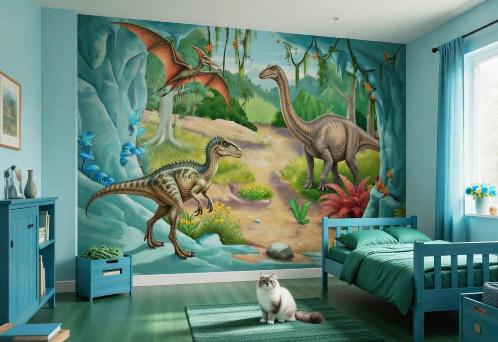 Children's bedroom with dinosaur mural on the wall