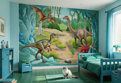 Children's bedroom with dinosaur mural on the wall