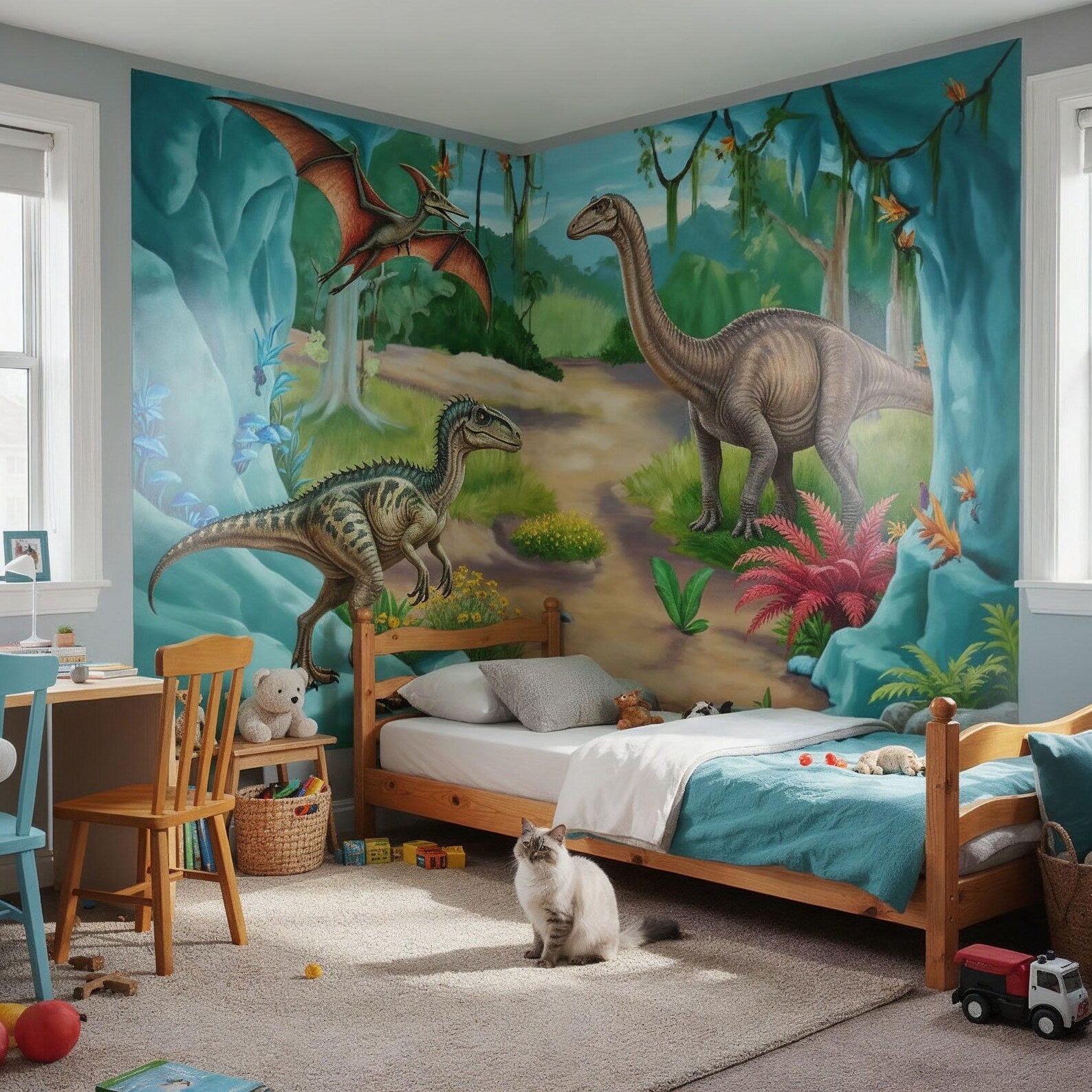 Children's bedroom with dinosaur mural on the wall