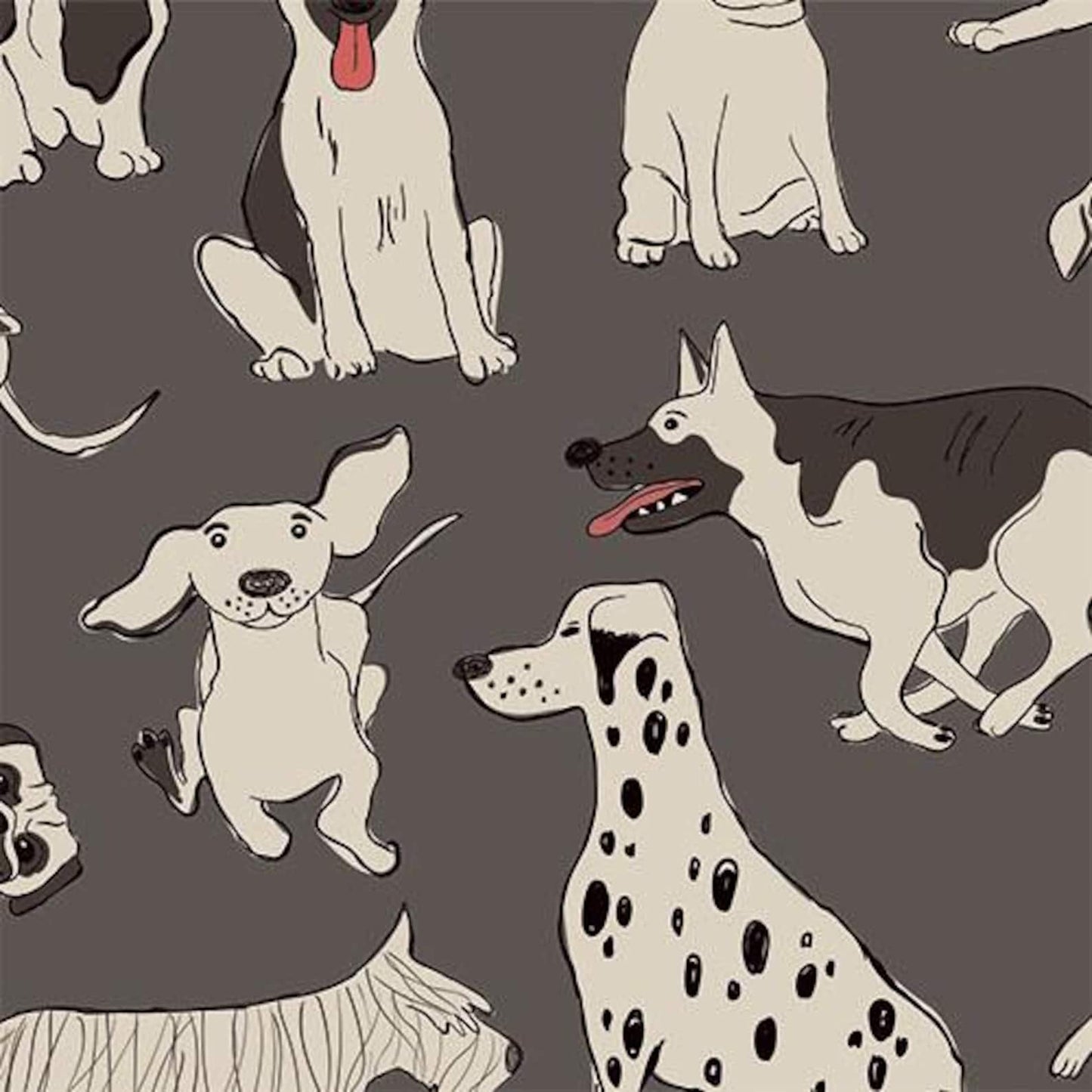 Pattern of various dog illustrations on a dark background