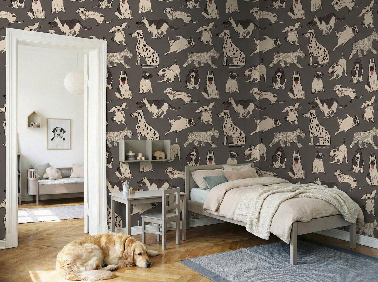 Bedroom with dog-themed wallpaper