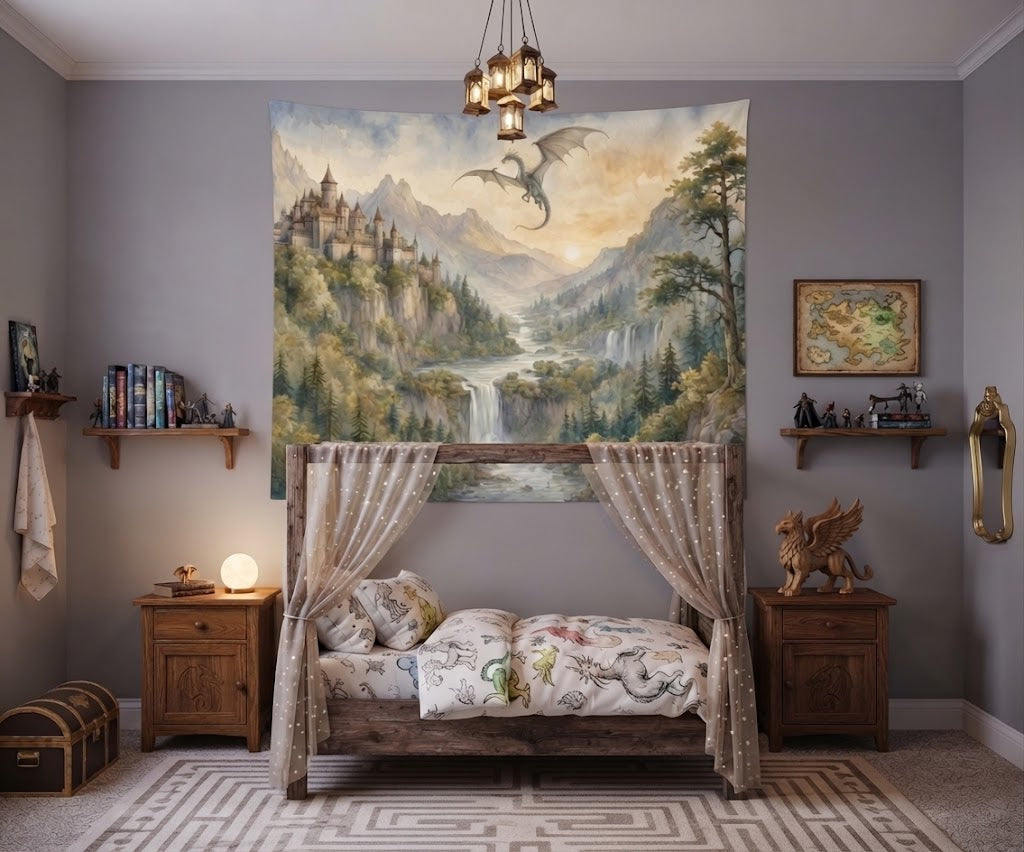 Whimsical child room decorated with a watercolor castle and dragon tapestry hanging on the main wall.