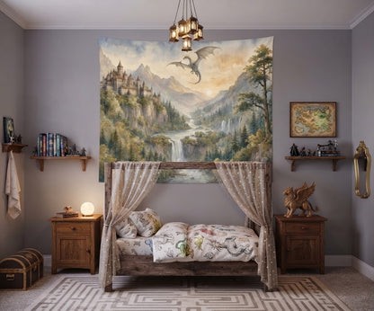 Whimsical child room decorated with a watercolor castle and dragon tapestry hanging on the main wall.