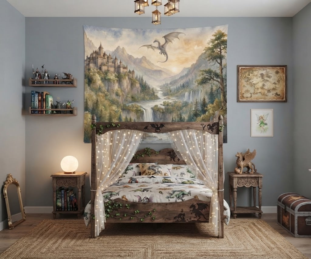 Lightweight mythical creature tapestry wall hanging displayed in a warm, cozy bedroom setting.