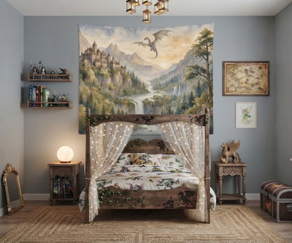 Lightweight mythical creature tapestry wall hanging displayed in a warm, cozy bedroom setting.
