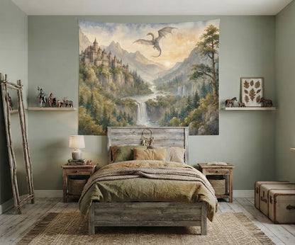 Watercolor fantasy dragon castle fabric wall mural showing a medieval fortress and flying dragon over a river valley.