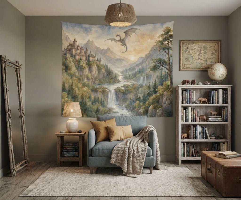 A large wall tapestry featuring a fantasy landscape with a dragon flying over mountains, waterfalls, and forests, displayed in a styled living room above a blue armchair.