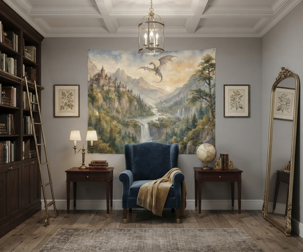 Epic landscape fabric wallcovering hung as an accent backdrop behind a  reading chair.