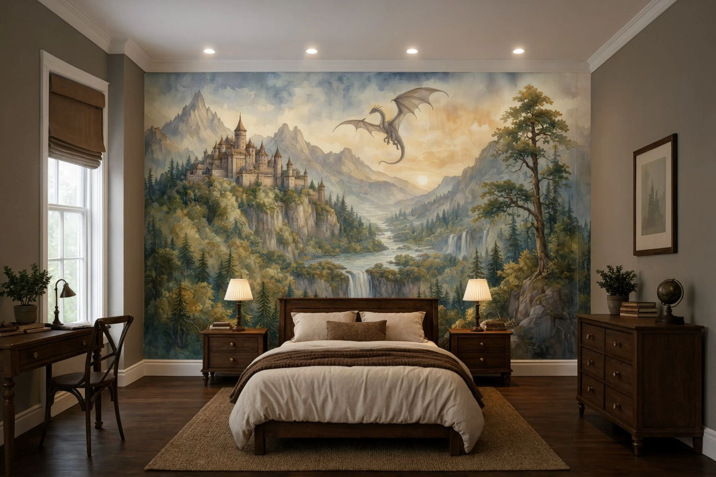 A large fantasy landscape wall mural featuring a castle on a mountain, a flying dragon, a river, and trees, displayed behind a bed in a styled bedroom with wood furniture and lamps.