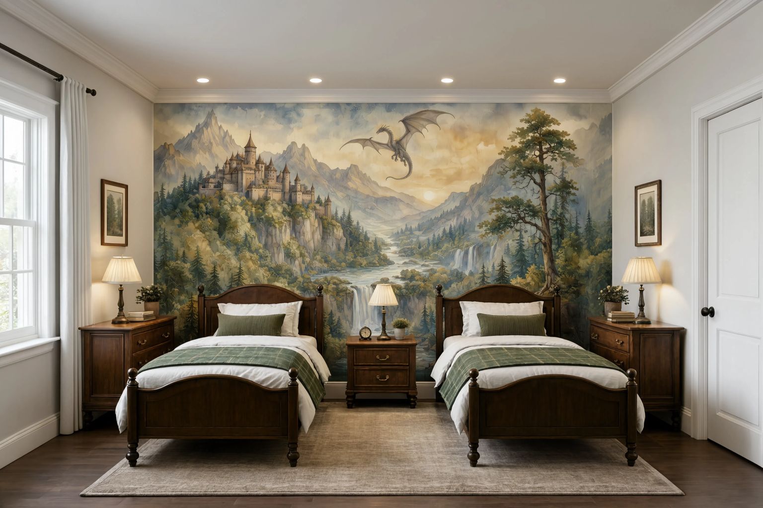A twin bedroom with two dark wood beds, matching nightstands, lamps, and a large wall mural depicting a fantasy mountain landscape with a castle, river, trees, and a dragon.