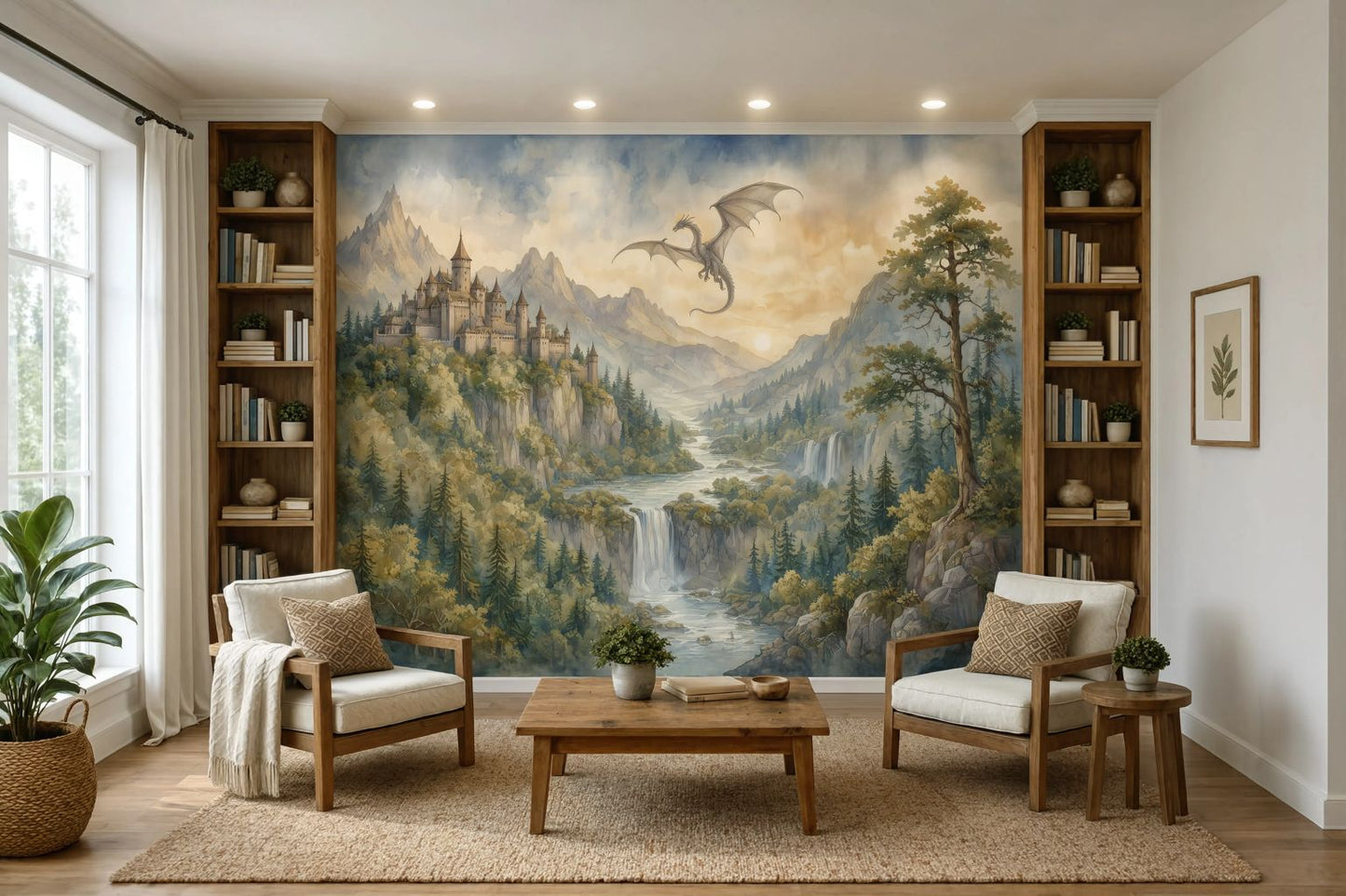 Removable peel and stick fantasy wallpaper installed in a home library with bookshelves