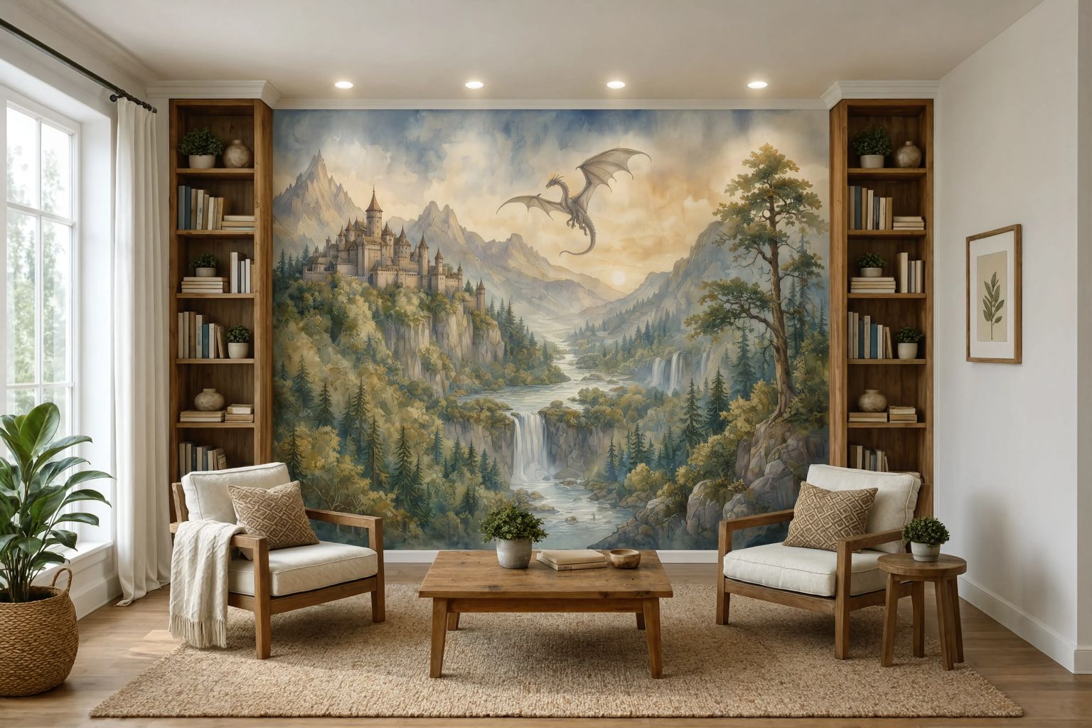 Removable peel and stick fantasy wallpaper installed in a home library with bookshelves