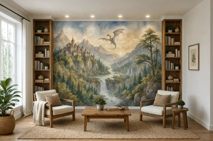 Removable peel and stick fantasy wallpaper installed in a home library with bookshelves