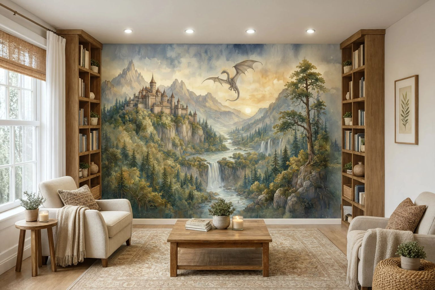 Watercolor fantasy dragon castle wall mural installed as an accent wall in a cozy reading nook