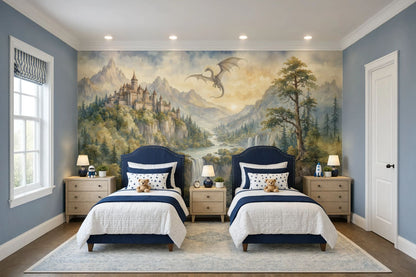 Mythical Dragon Wall Mural | Removable Storybook Castle Wallpaper