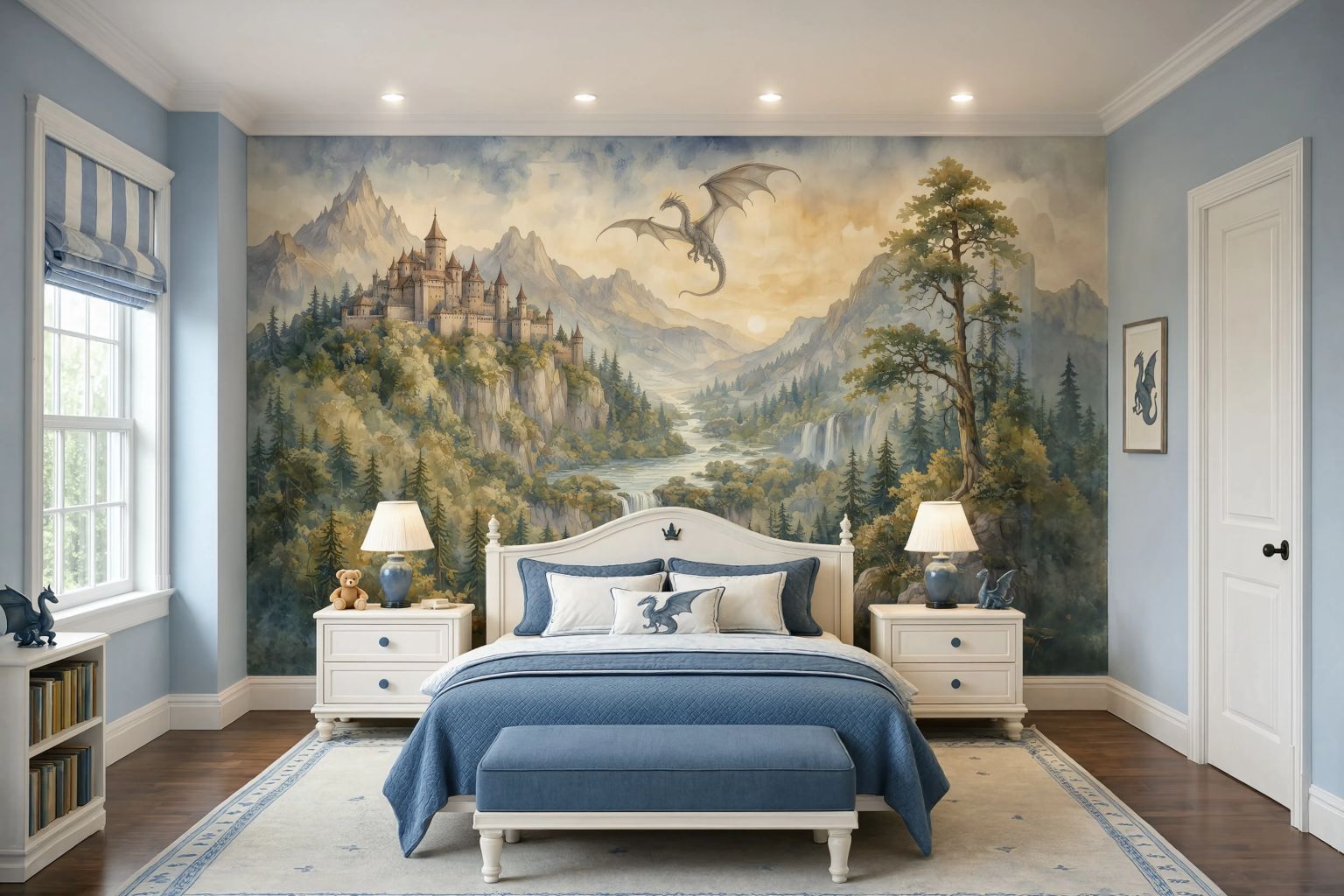 Medieval mountain landscape wallpaper featuring a flying dragon, castle and cascading waterfalls