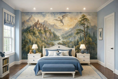 Medieval mountain landscape wallpaper featuring a flying dragon, castle and cascading waterfalls