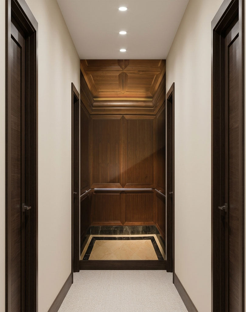 An interior hallway with cream walls, dark wood doors on both sides, and a wooden elevator cabin visible at the end of the hall.