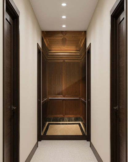 An interior hallway with cream walls, dark wood doors on both sides, and a wooden elevator cabin visible at the end of the hall.
