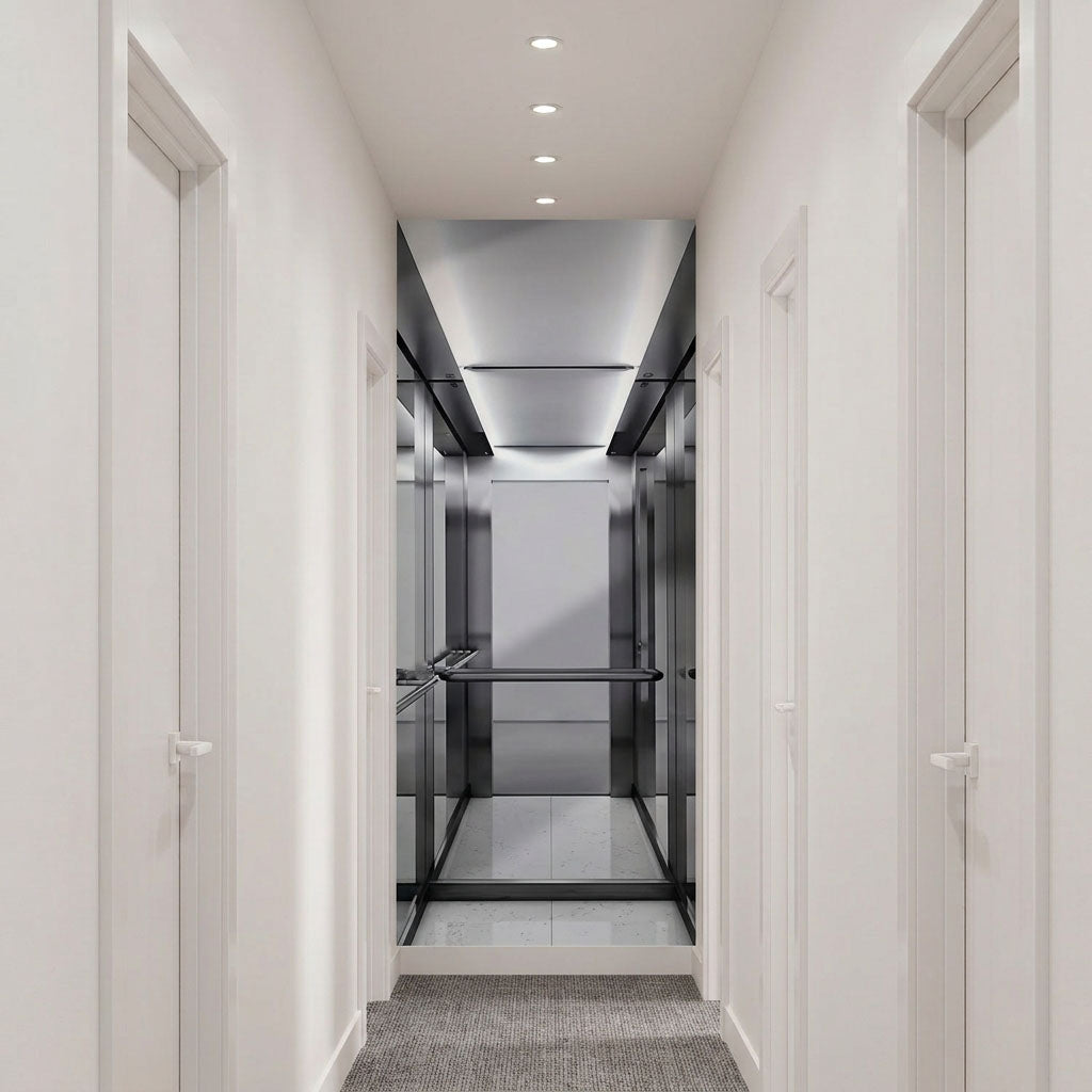 A modern interior hallway with white walls and doors leading to a glass-walled elevator or stairwell area with metallic walls and a gray carpet at the bottom.