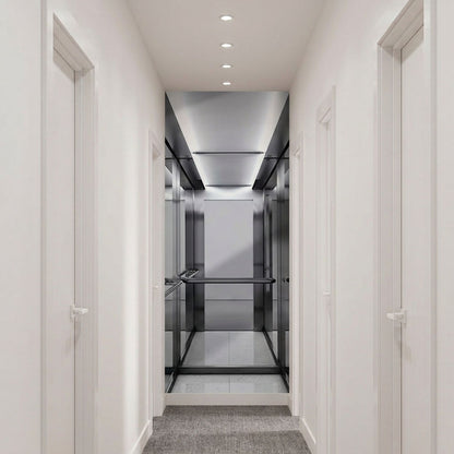 A modern interior hallway with white walls and doors leading to a glass-walled elevator or stairwell area with metallic walls and a gray carpet at the bottom.