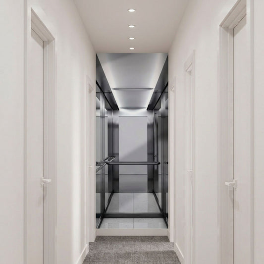 A modern interior hallway with white walls and doors leading to a glass-walled elevator or stairwell area with metallic walls and a gray carpet at the bottom.