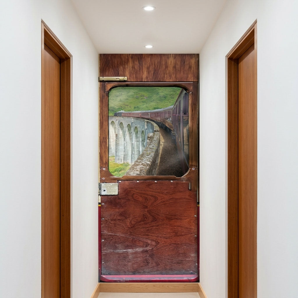 A narrow hallway with white walls and wood door frames, featuring a large decorative door or panel in the center with a printed scenic image of a train on tracks and a wood-grain reddish-brown lower section.