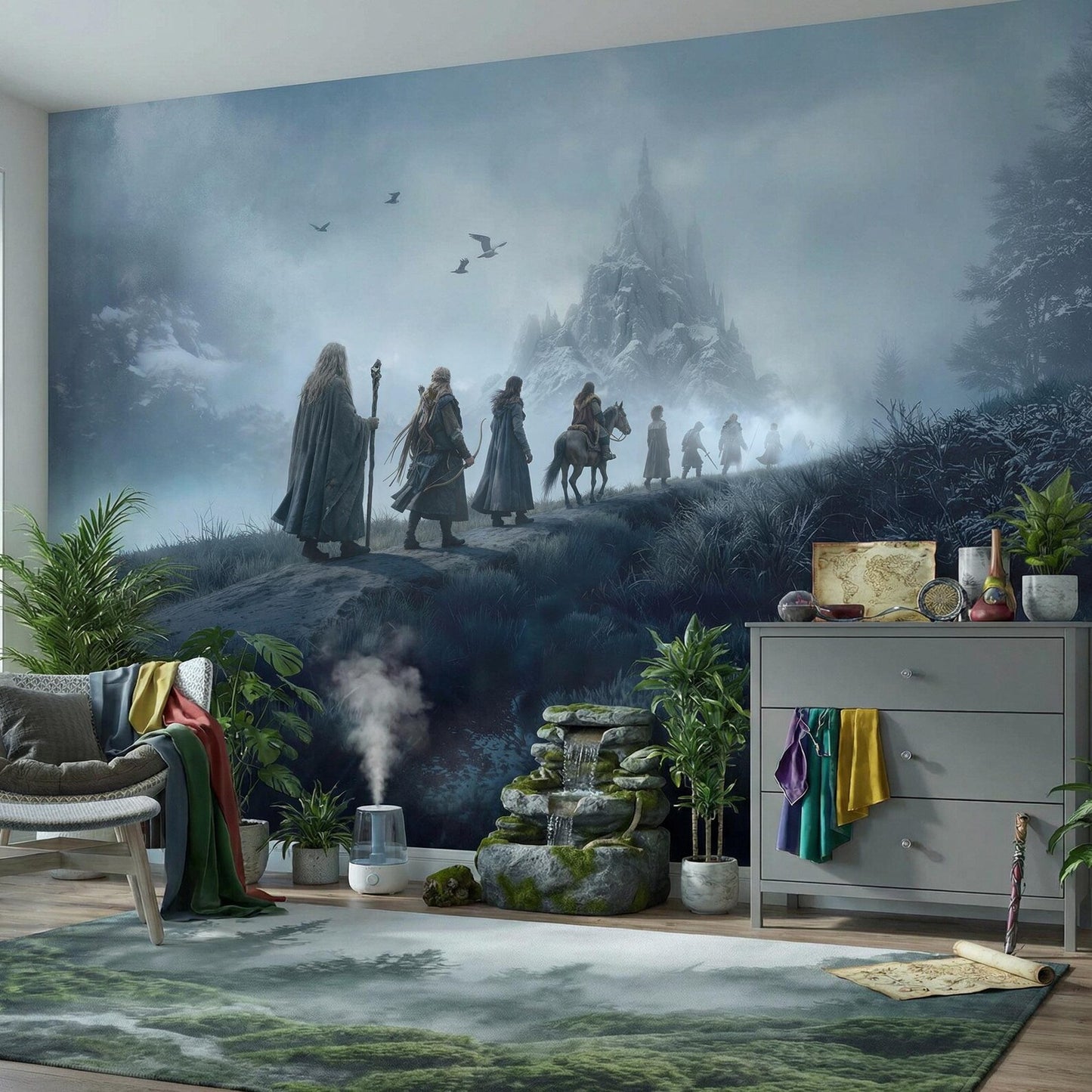 Room interior with a large wall mural of a fantasy scene featuring characters and a castle.