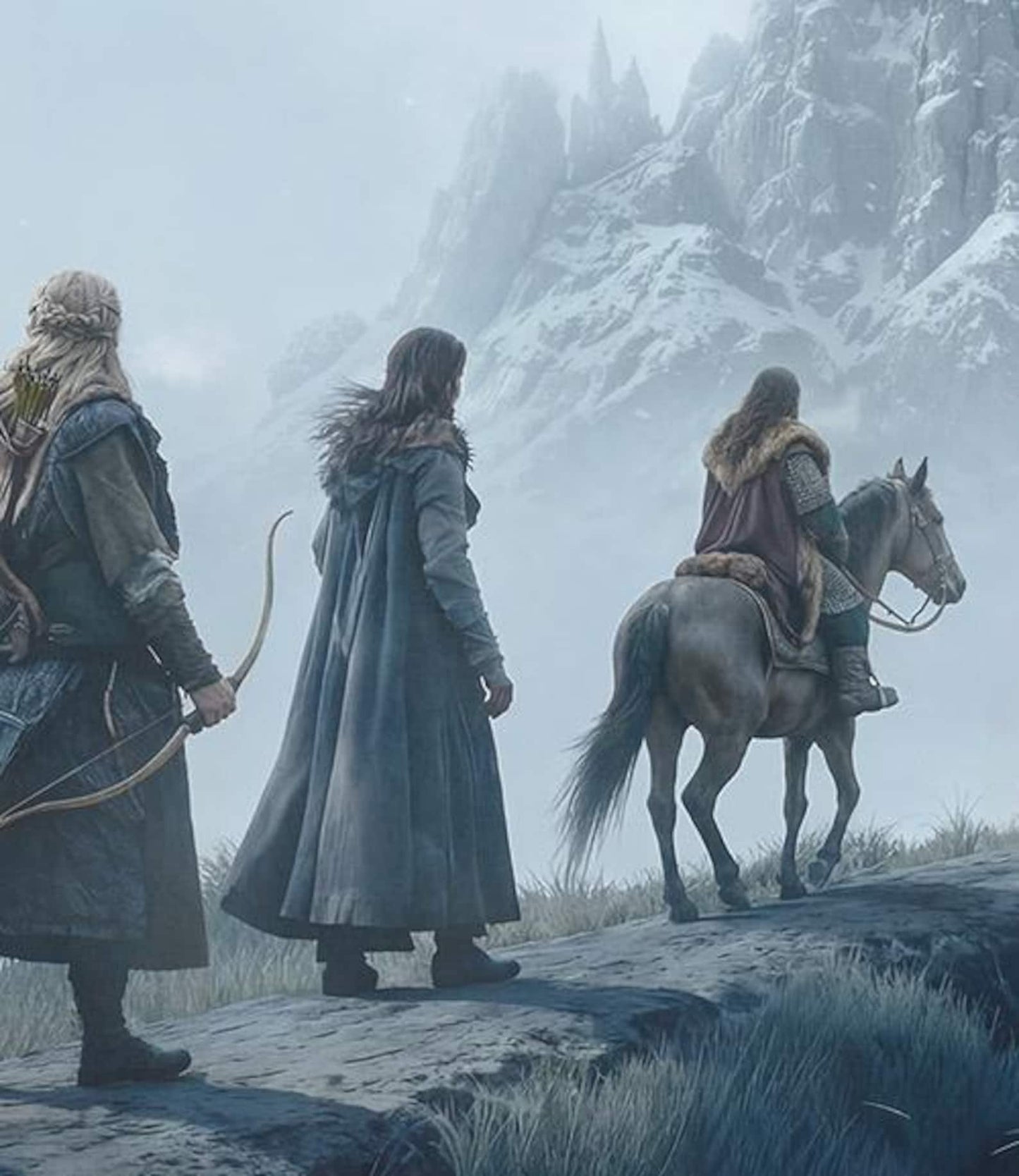 Three characters in medieval attire in a snowy landscape with mountains.