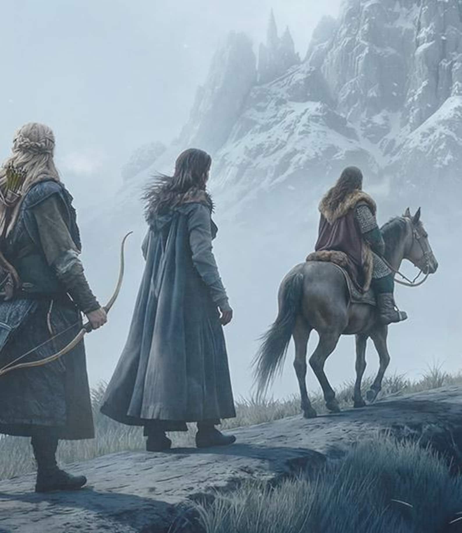 Three characters in medieval attire in a snowy landscape with mountains.