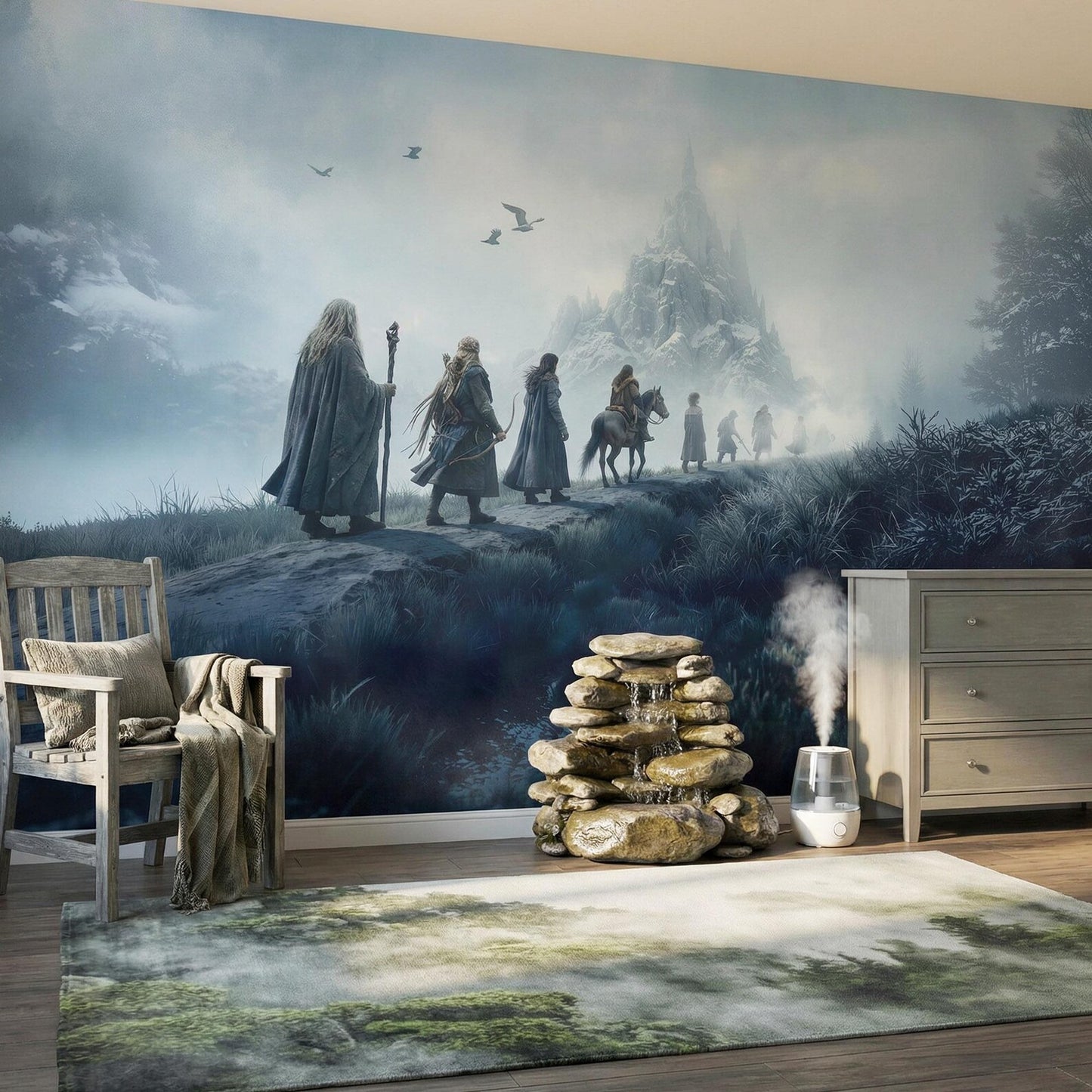 Room interior with a large wall mural of a fantasy scene, featuring characters and a castle.