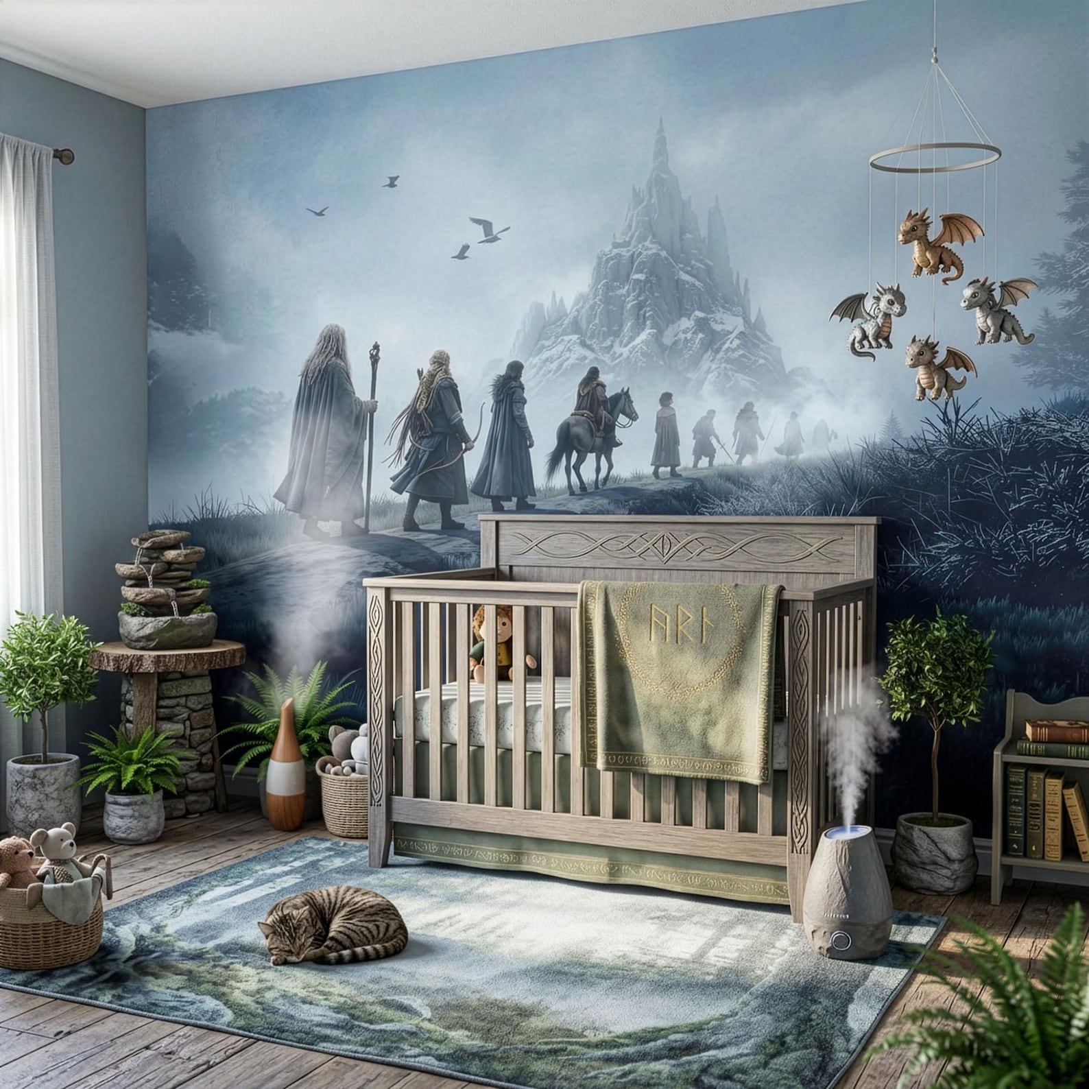 Children's room with a fantasy mural, crib, and decorative elements.