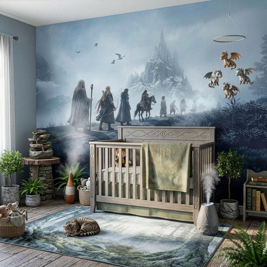 Children's room with a fantasy mural, crib, and decorative elements.
