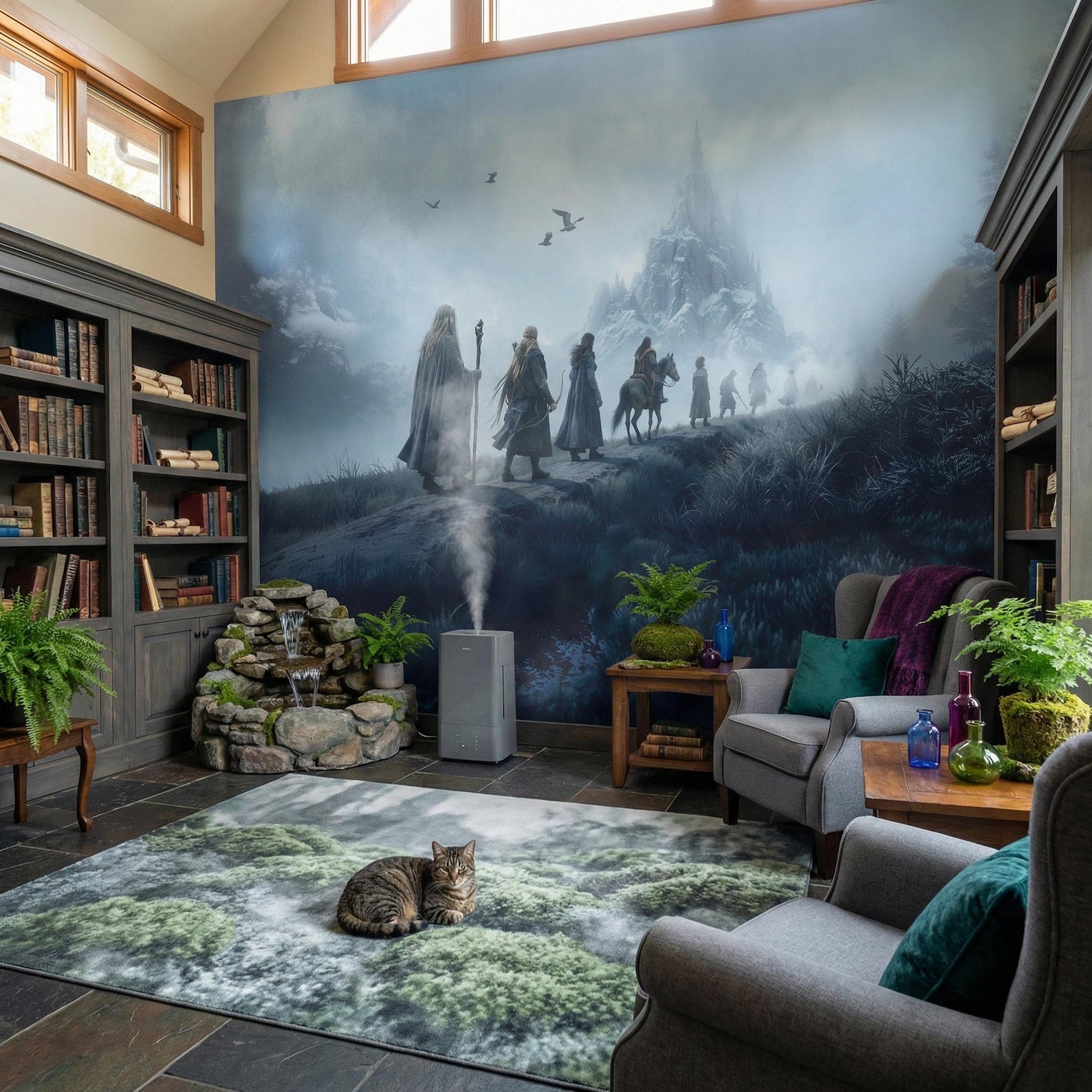 Living room with a large wall mural of a fantasy scene, bookshelves, and a cat on a matching rug.