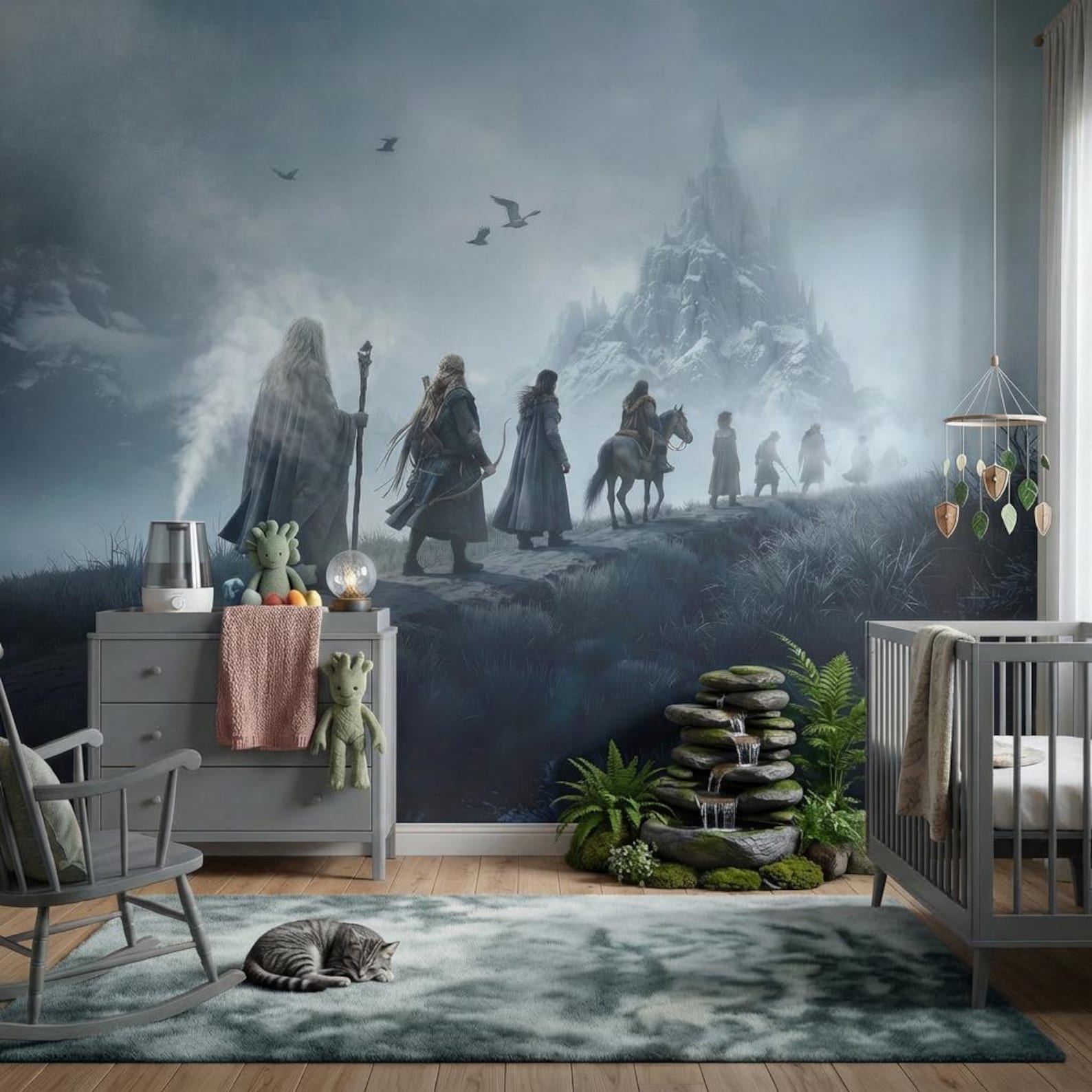 Nursery room with a fantasy mural of characters on a mountain, a crib, and a rocking chair.