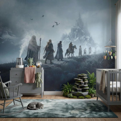 Nursery room with a fantasy mural of characters on a mountain, a crib, and a rocking chair.