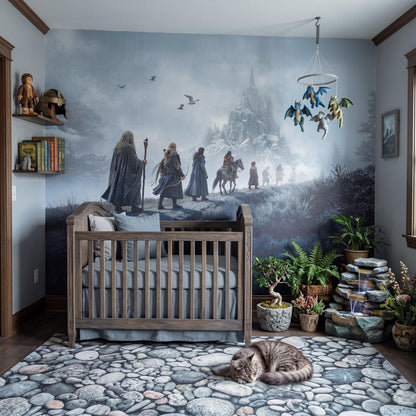 Nursery with a large wall mural of a fantasy scene, wooden crib, and decorative elements.