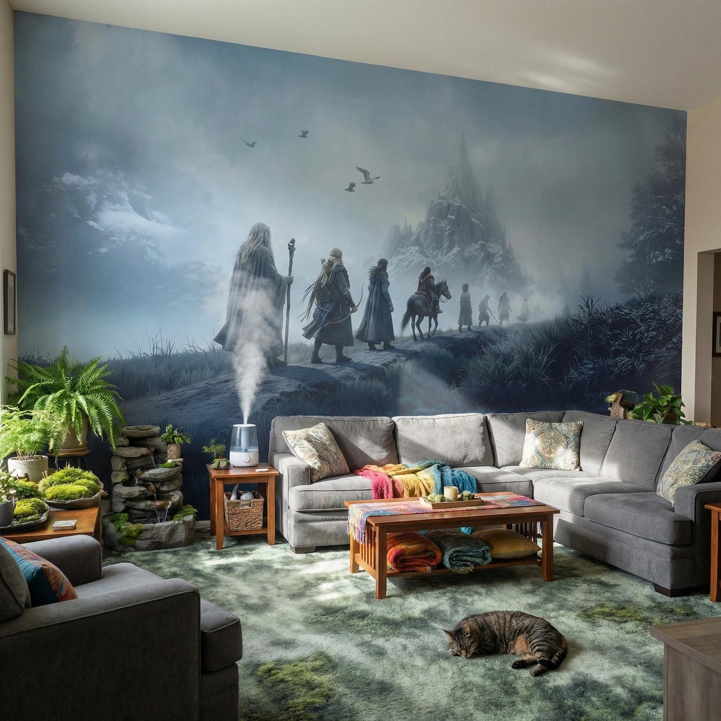 Living room with a large wall mural of a fantasy scene, featuring people and a castle.