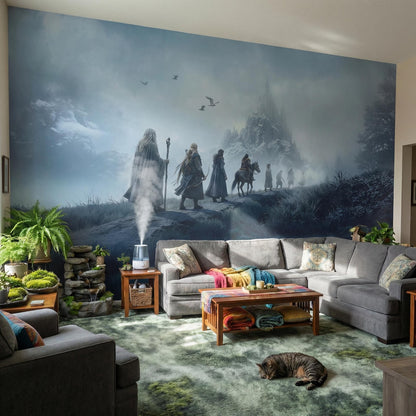 Living room with a large wall mural of a fantasy scene, featuring people and a castle.