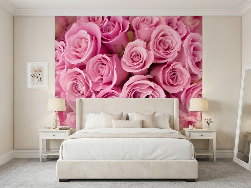 Lightweight pink floral tapestry wall hanging displayed in a modern bedroom setting.