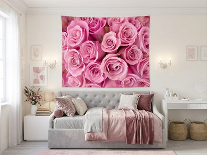 A view of a pink rose fabric wall mural with detailed rose petals. Girls room decor.