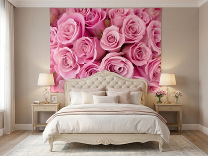 Large fabric wall mural showing a dense pattern of blooming pink roses.